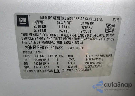 2015 Chevrolet Equinox Lt z USA, uszkodzony, nr VIN 2GNFLFEK7F6310488